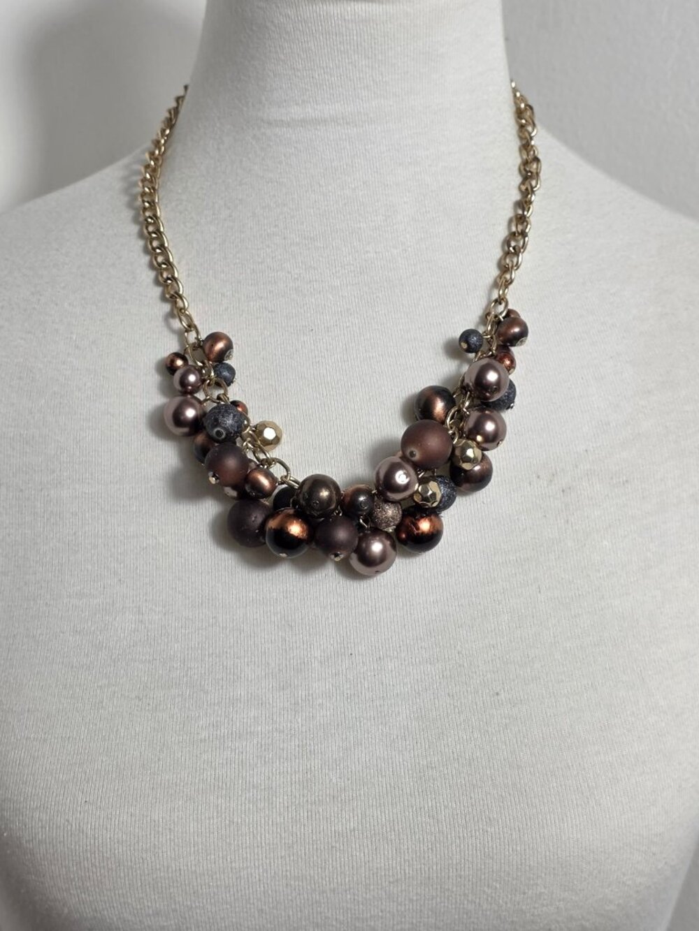 Chunky Cluster Statement Necklace Metallic Earth Tone Beads with Gold Chain